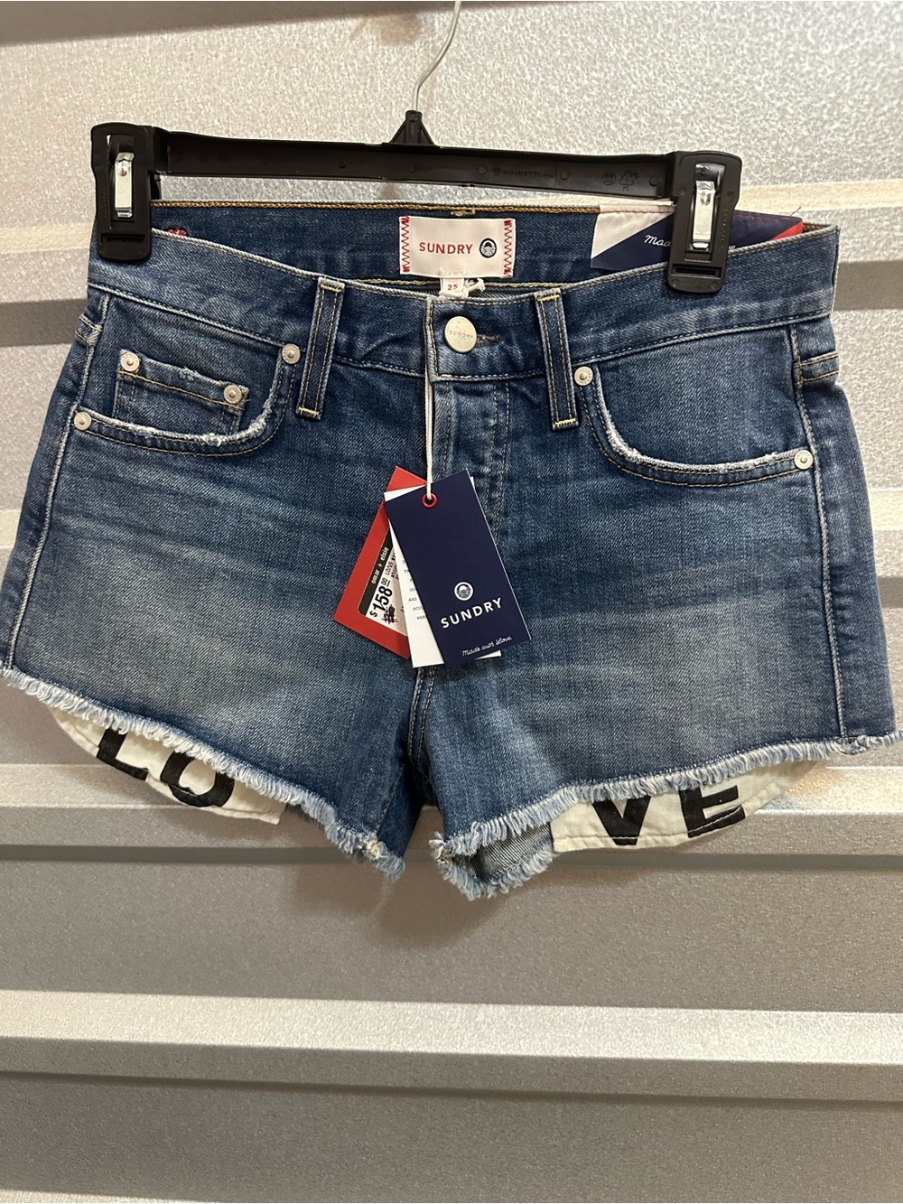 Sundry Blue Frayed Hem Denim Shorts with Graphic Liner